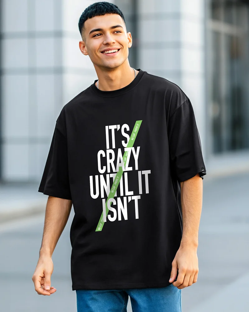 bewakoof Men's Jet Black It's Crazy Typography Oversized T-shirt